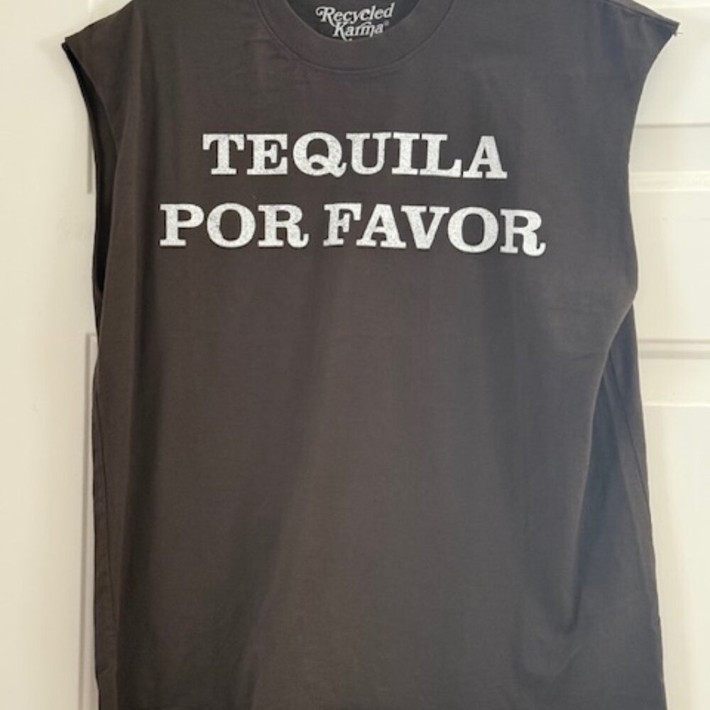 Recycled Karma Tee, cut to waste, sleeveless, black on white.